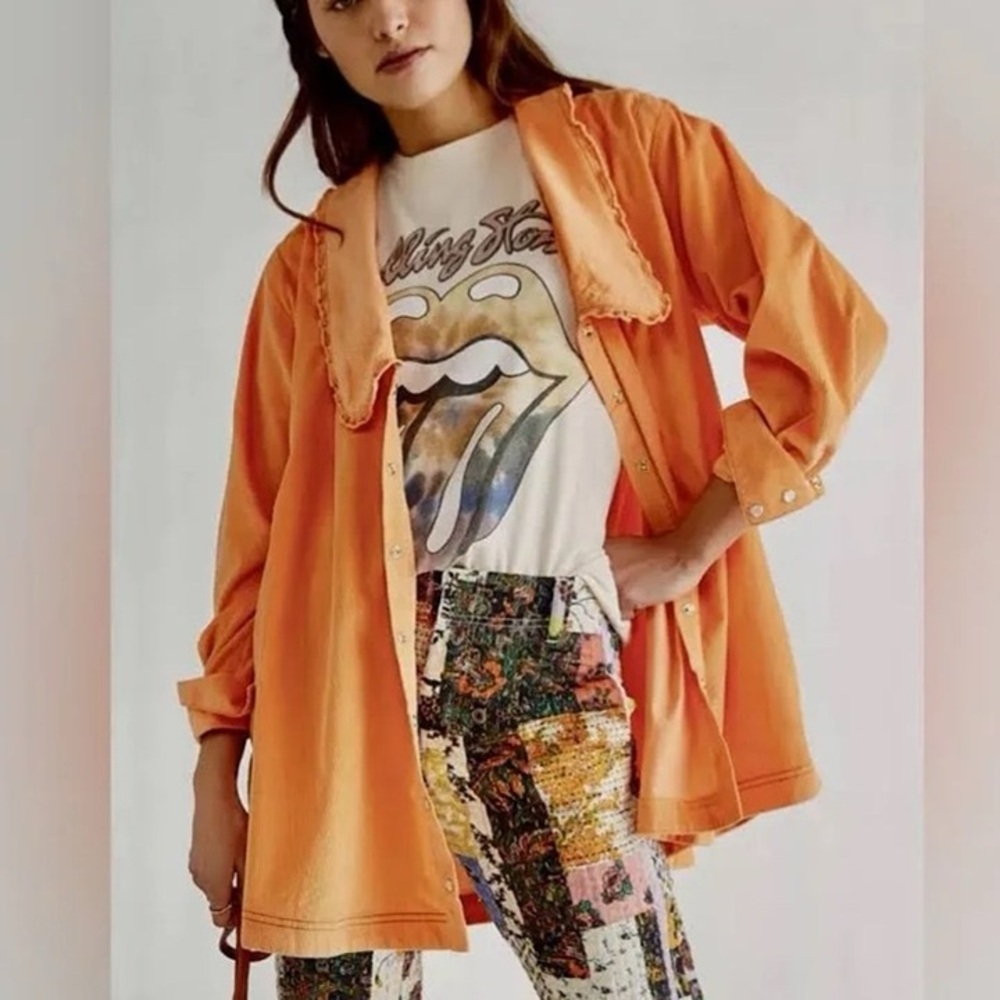 Free People Charlie Cord‎ Pearl Button down Shirt Top in Orange Mango